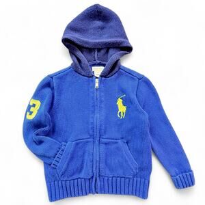 Ralph Lauren Big Pony Full-Zip Knit Hooded Sweater Baby 24M Preppy Blue Yellow